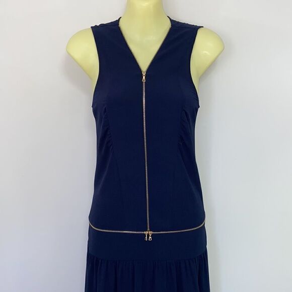 Sandro Paris Dress Navy Gold Tone Zipper Accent Ruffle Hem Nwot Sm - Picture 5 of 8